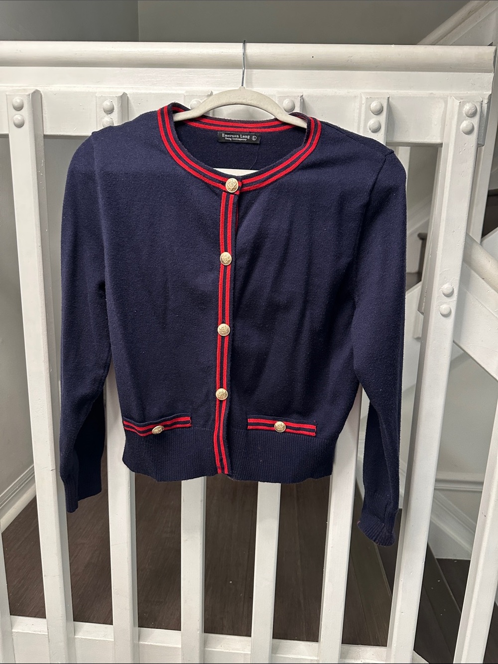 Charming Navy Cardigan with Red Trim